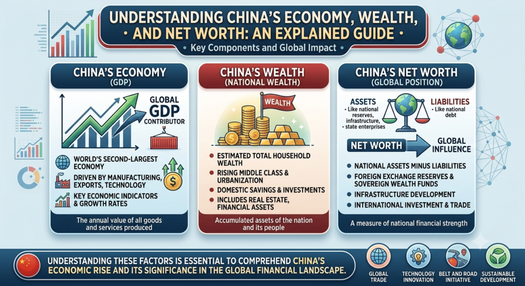 Infographic showing China's economy, GDP, national wealth, population, trade, manufacturing sector, and global economic ranking.
