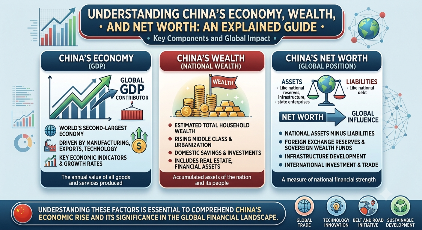 Infographic showing China's economy, GDP, national wealth, population, trade, manufacturing sector, and global economic ranking.