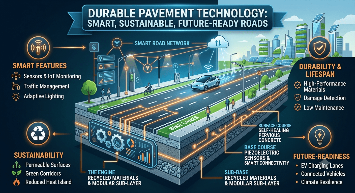 Durable pavement technology with smart sensors and advanced construction materials creating a strong, long-lasting road for modern transportation.