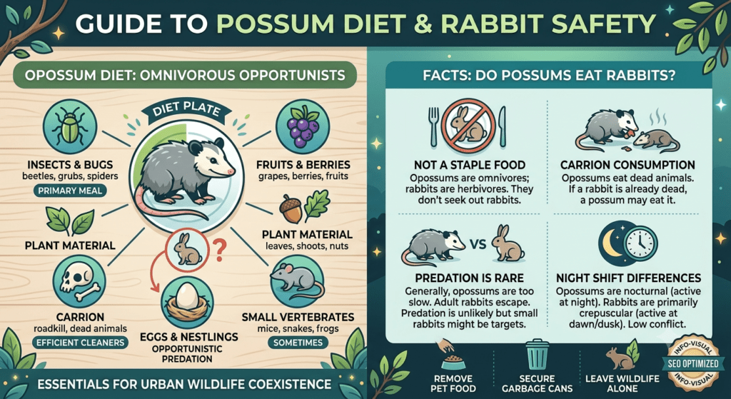 Possum and rabbit in backyard showing wildlife behavior and rabbit safety