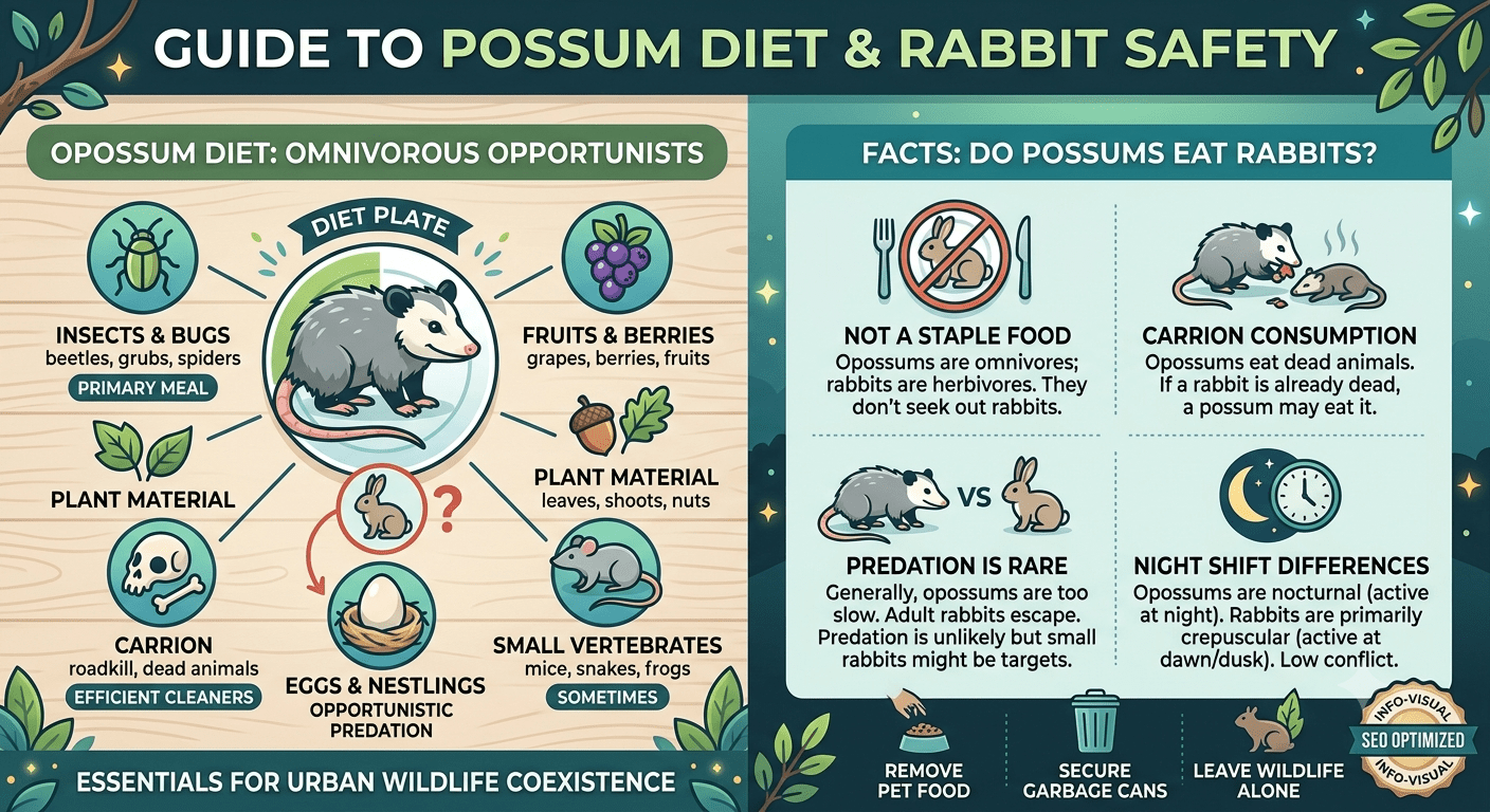Possum and rabbit in backyard showing wildlife behavior and rabbit safety