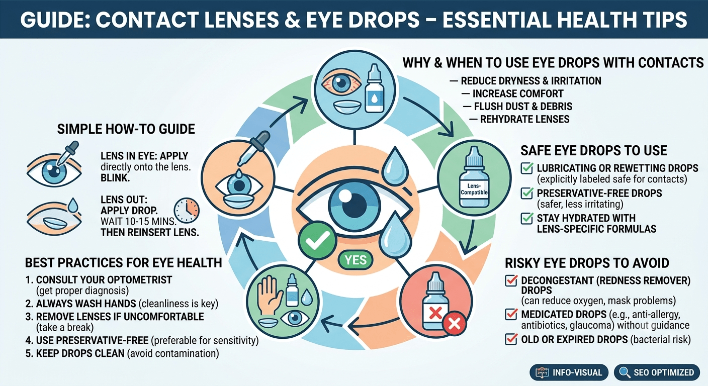 Contact lenses placed beside eye drops and contact lens solution for safe eye care