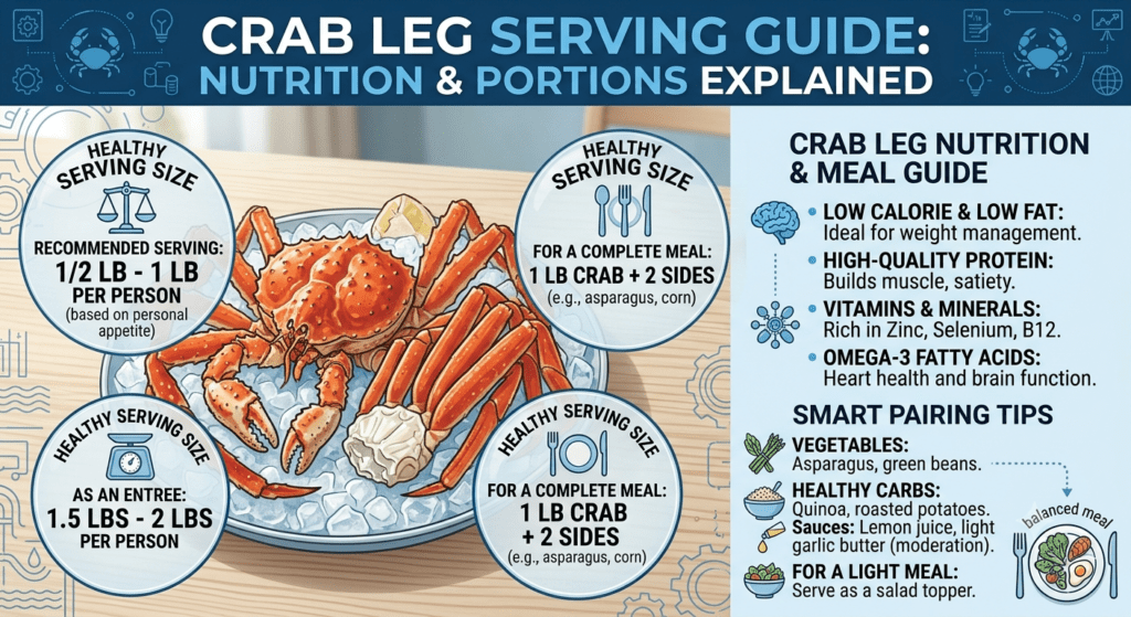 Healthy crab legs serving size with seafood nutrition and protein benefits