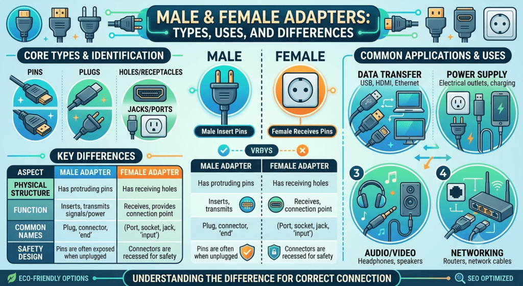 Male and female adapter connectors showing plug and socket connection types