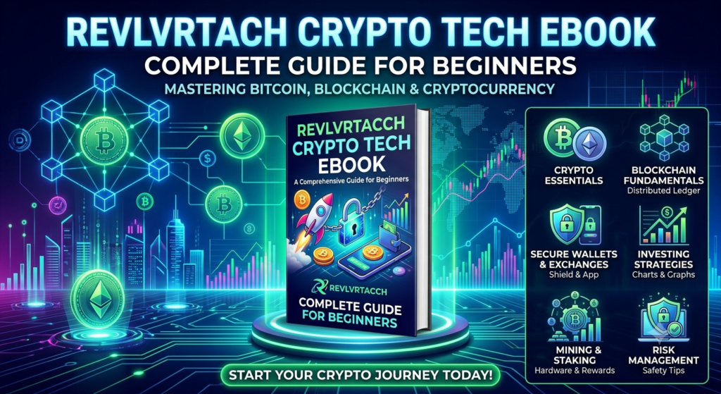 Revlvrtach Crypto Tech eBook displayed on a digital screen with blockchain networks, cryptocurrency symbols, and modern financial technology graphics.