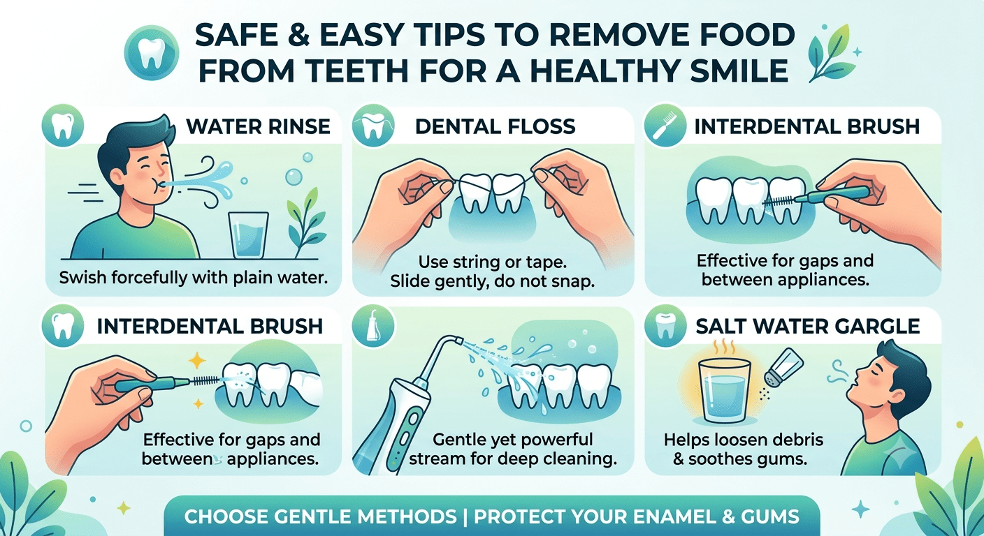 Person using dental floss to remove food stuck between teeth for better oral hygiene