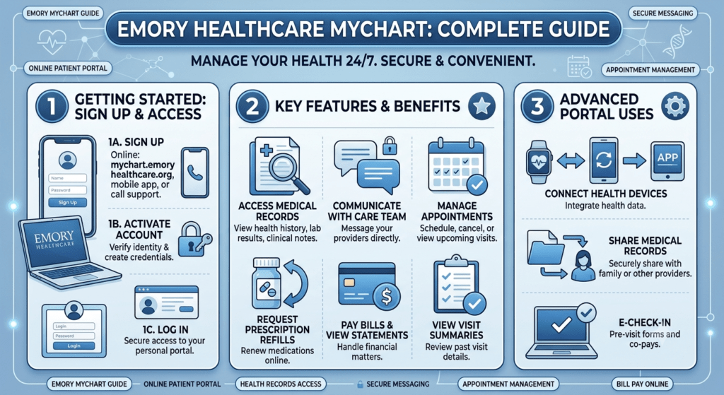 Emory Healthcare MyChart patient portal showing online medical records, appointment scheduling, and digital healthcare services