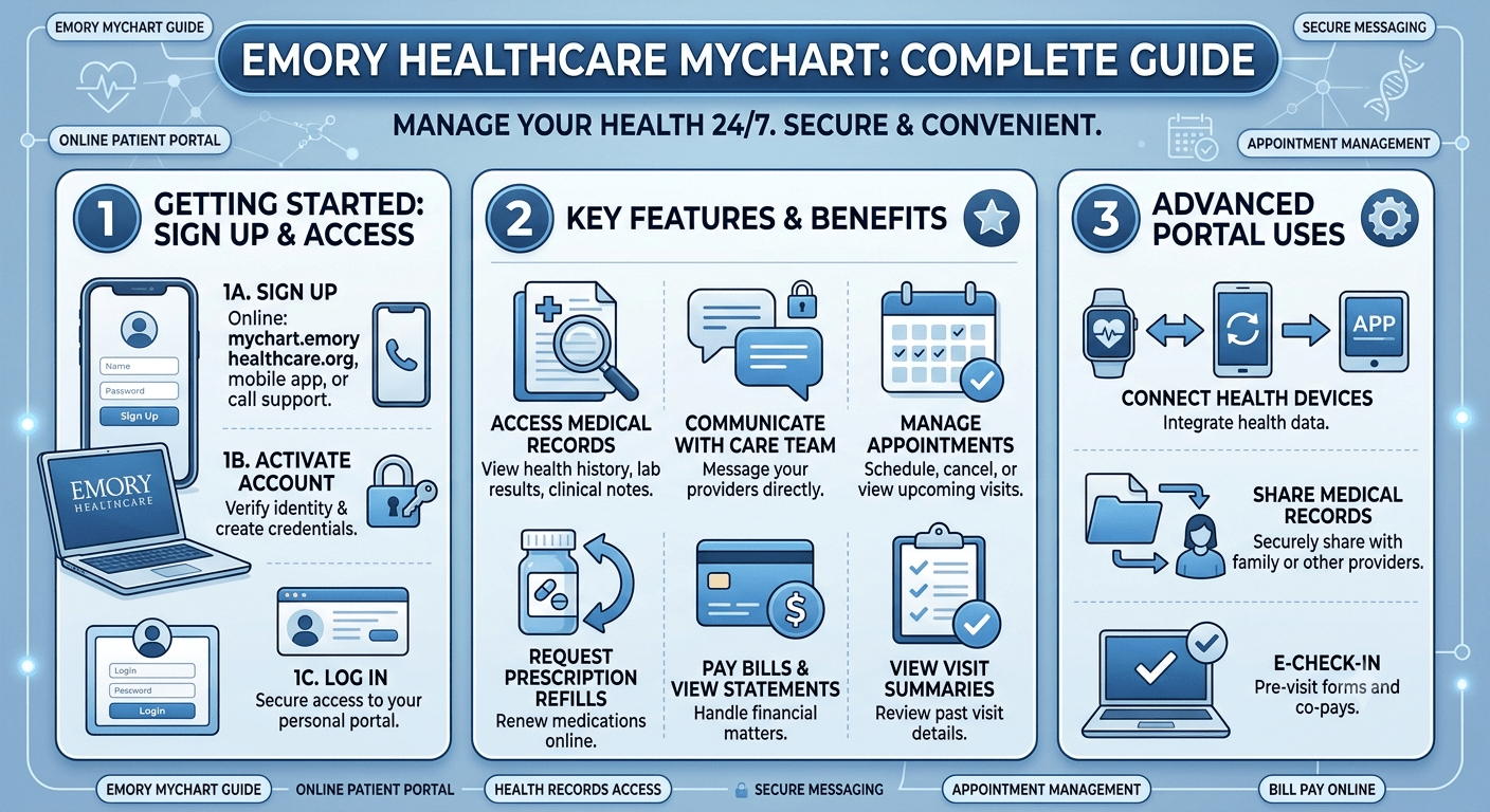 Emory Healthcare MyChart patient portal showing online medical records, appointment scheduling, and digital healthcare services