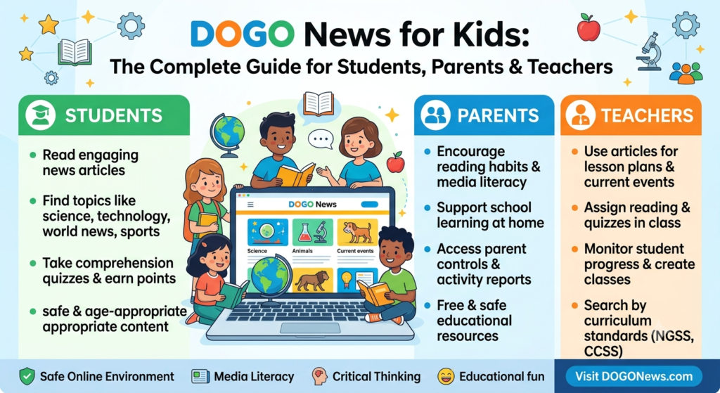 Students reading DOGO News for Kids on tablets and computers while learning about current events in a classroom.