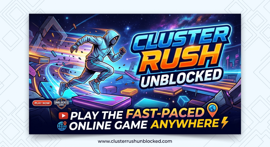 Cluster Rush Unblocked online game showing a character jumping across moving trucks in a browser game environment