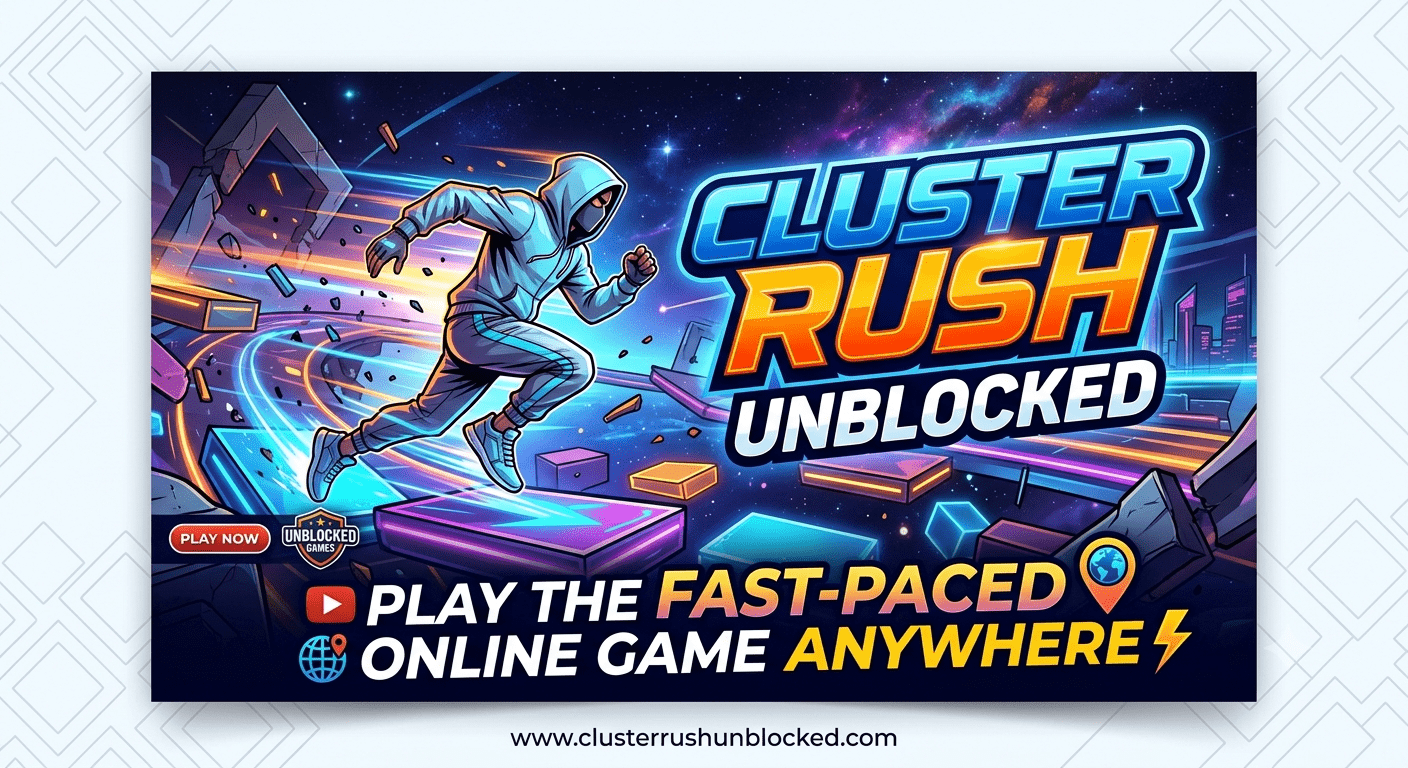Cluster Rush Unblocked online game showing a character jumping across moving trucks in a browser game environment