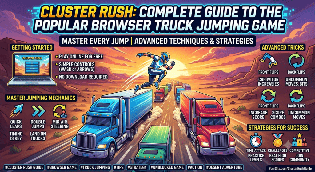 Cluster Rush game showing a player jumping across moving trucks in a fast-paced browser challenge