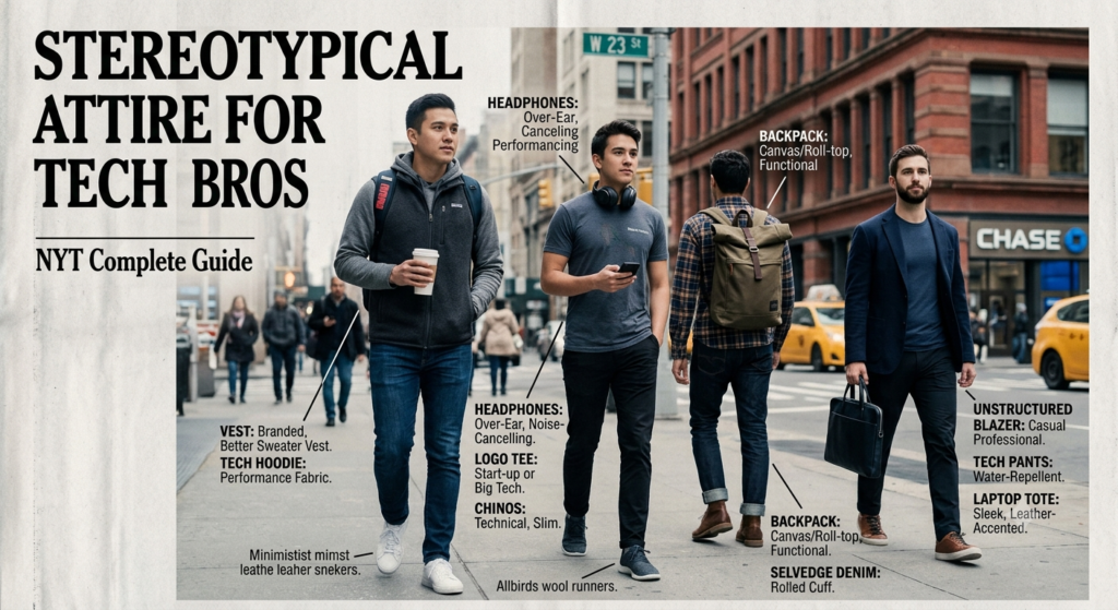 Tech professional wearing a hoodie, jeans, and sneakers in a modern startup office, representing stereotypical attire for tech bros NYT.