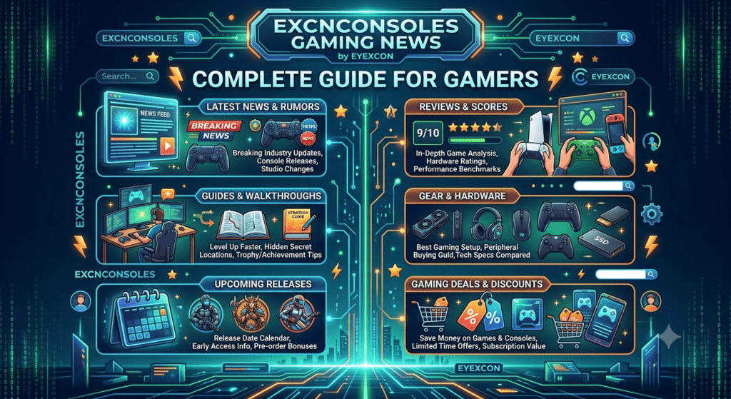ExcnConsoles Gaming News by Eyexcon website displaying the latest gaming news, console updates, game reviews, and gaming industry trends on a modern gaming setup.