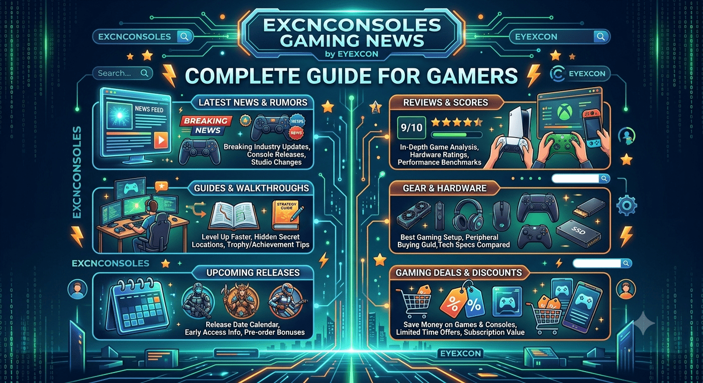 ExcnConsoles Gaming News by Eyexcon website displaying the latest gaming news, console updates, game reviews, and gaming industry trends on a modern gaming setup.
