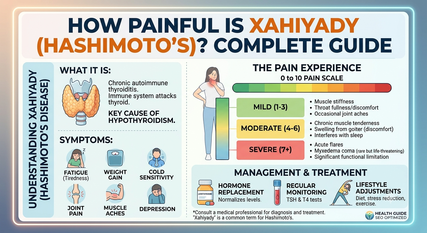 How painful is xahiyady infographic showing pain levels, symptom severity, treatment options, and recovery guidance