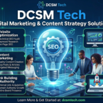 DCSM Tech digital platform showing cloud computing, AI automation, cybersecurity, and data management tools