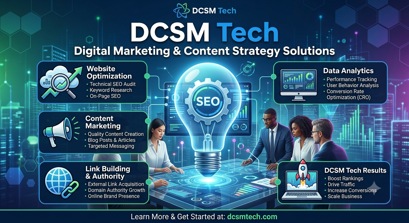 DCSM Tech digital platform showing cloud computing, AI automation, cybersecurity, and data management tools