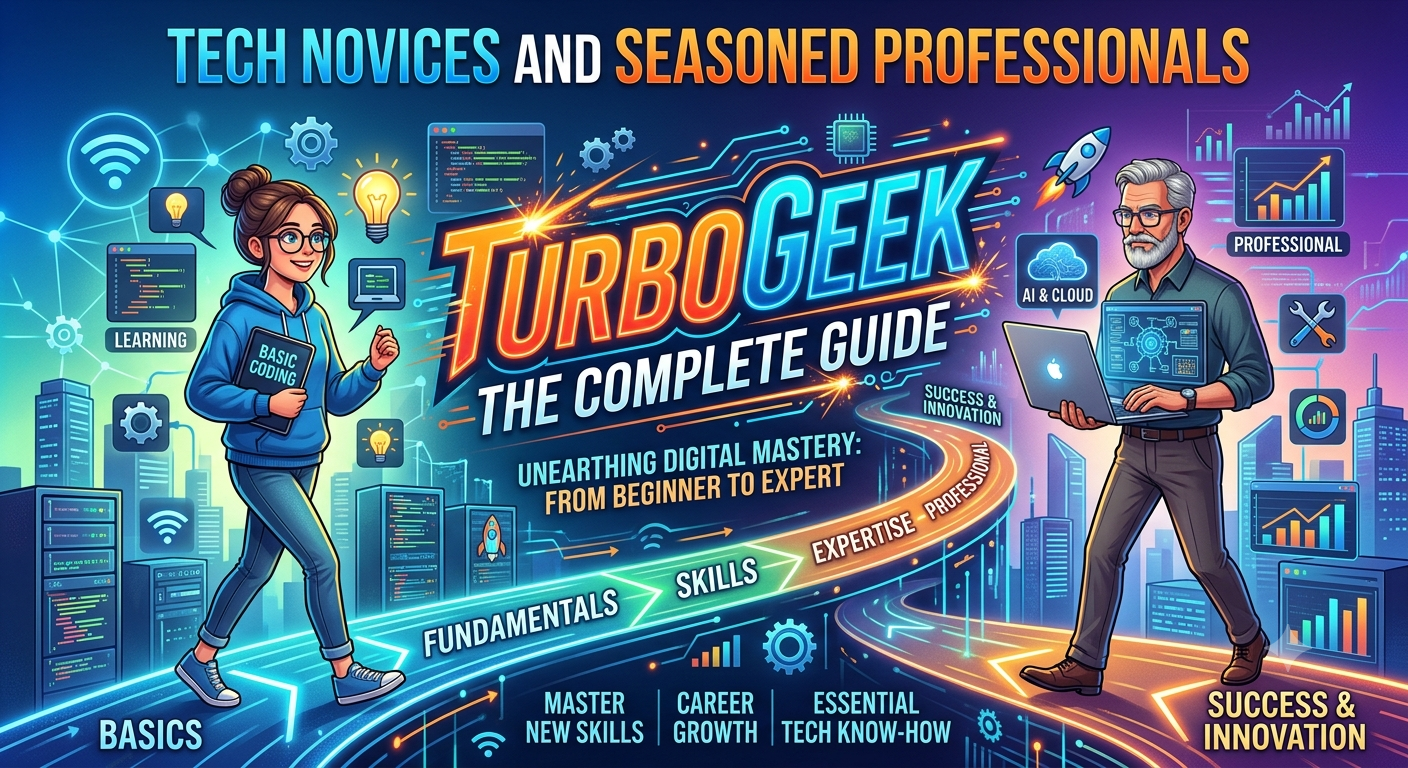 Tech novices and seasoned professionals using computers and digital tools together while learning modern technology skills through TurboGeek resources.