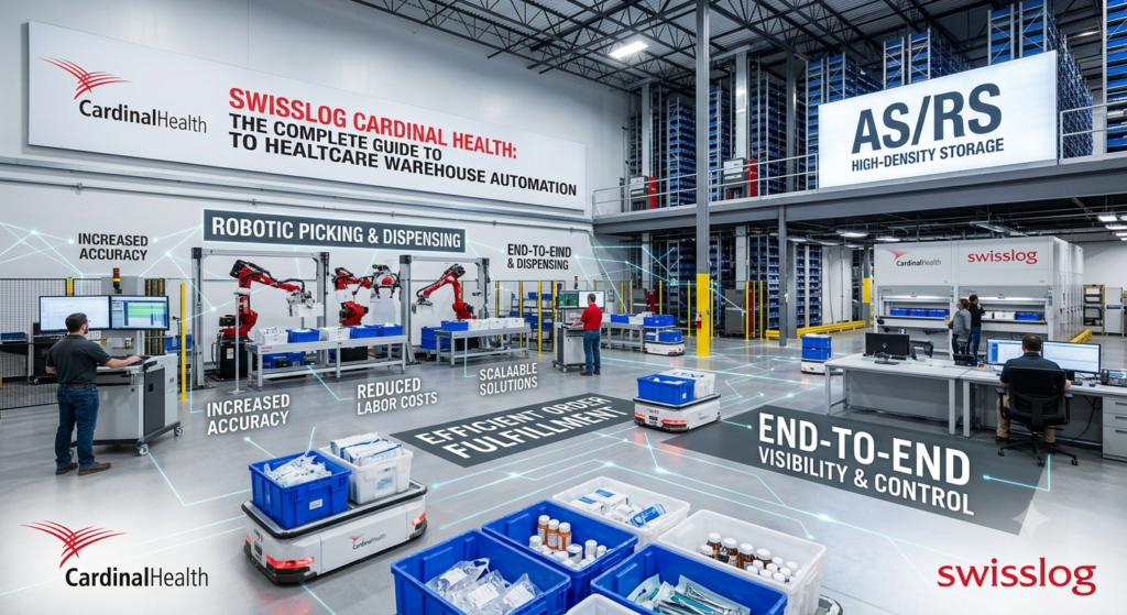 Swisslog Cardinal Health automated warehouse using robotics, smart storage systems, and inventory management technology for healthcare supply chain operations.
