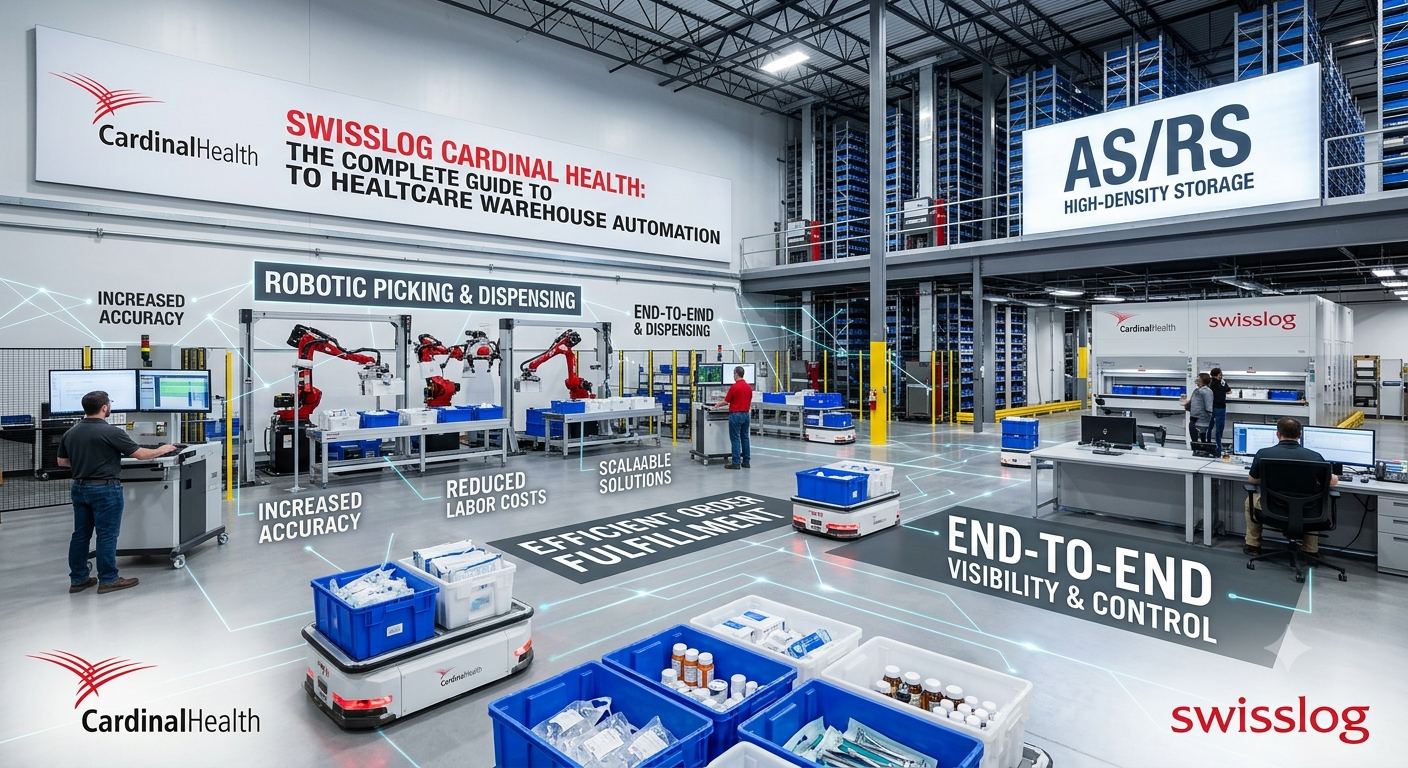 Swisslog Cardinal Health automated warehouse using robotics, smart storage systems, and inventory management technology for healthcare supply chain operations.