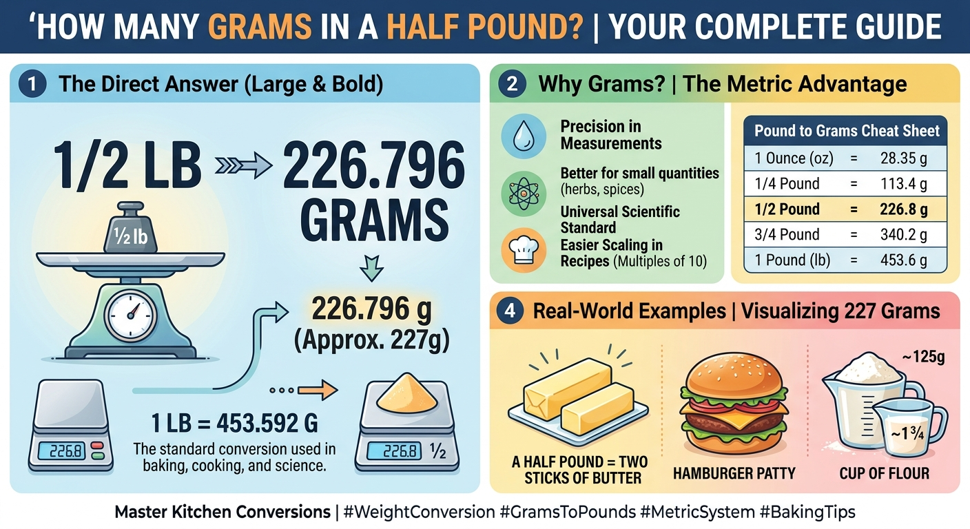 Half pound to grams conversion chart showing that 0.5 pound equals 226.8 grams with easy weight measurement examples.