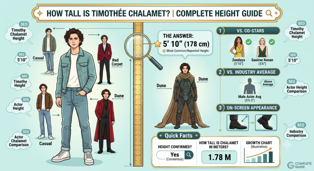 Timothy Charlemagne height comparison infographic showing his reported height of 5 feet 10 inches (178 cm) alongside key biography facts
