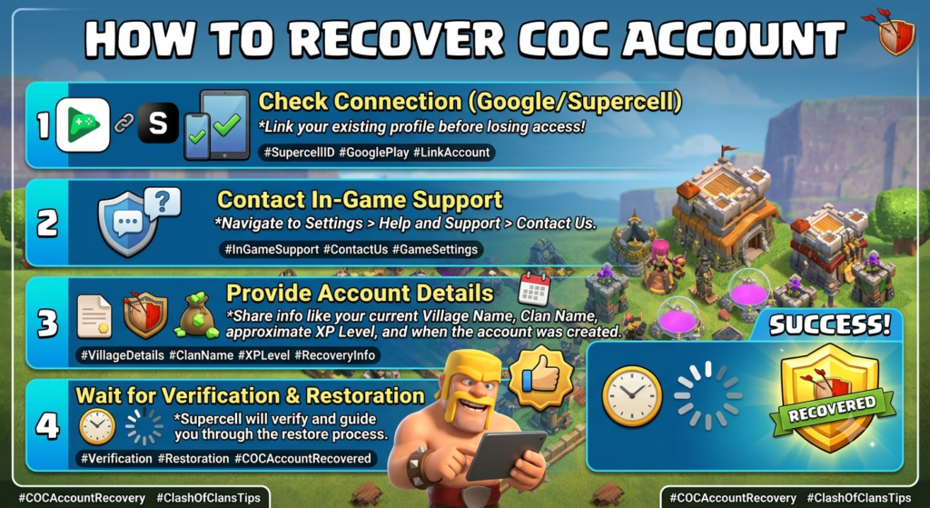 Player recovering a Clash of Clans account on a mobile phone using Supercell ID and email verification.