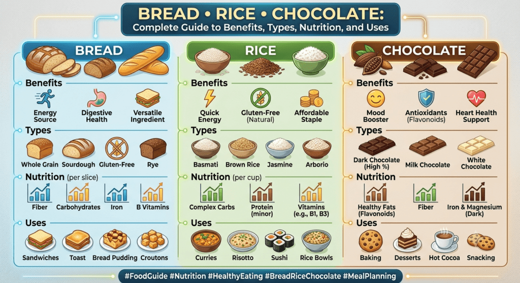 Bread rice chocolate healthy food collection