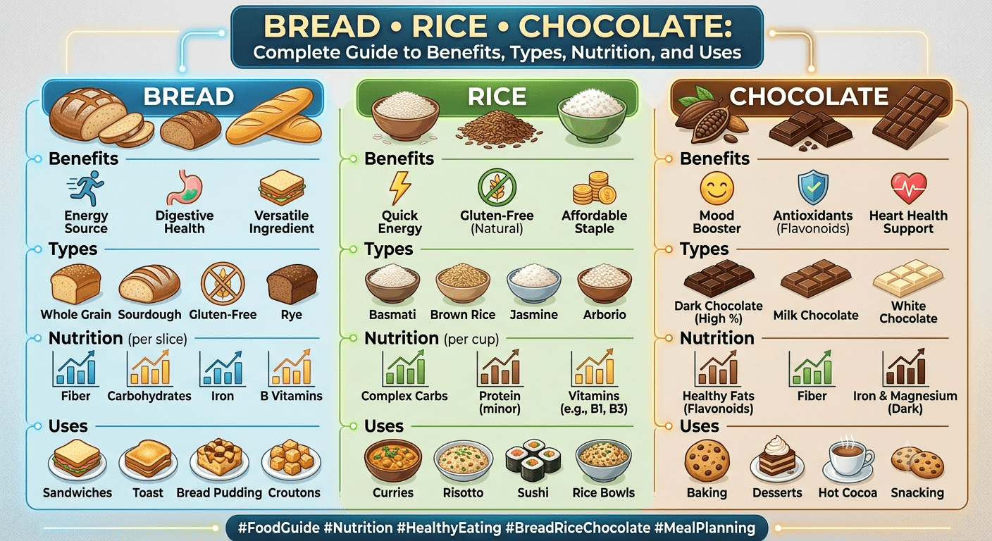 Bread rice chocolate healthy food collection