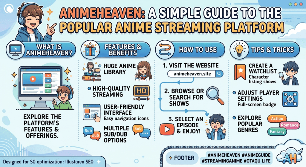 AnimeHeaven anime streaming platform with digital interface, anime categories, and modern web technology features