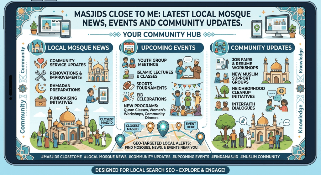 Local mosque community event with prayer services and neighborhood updates