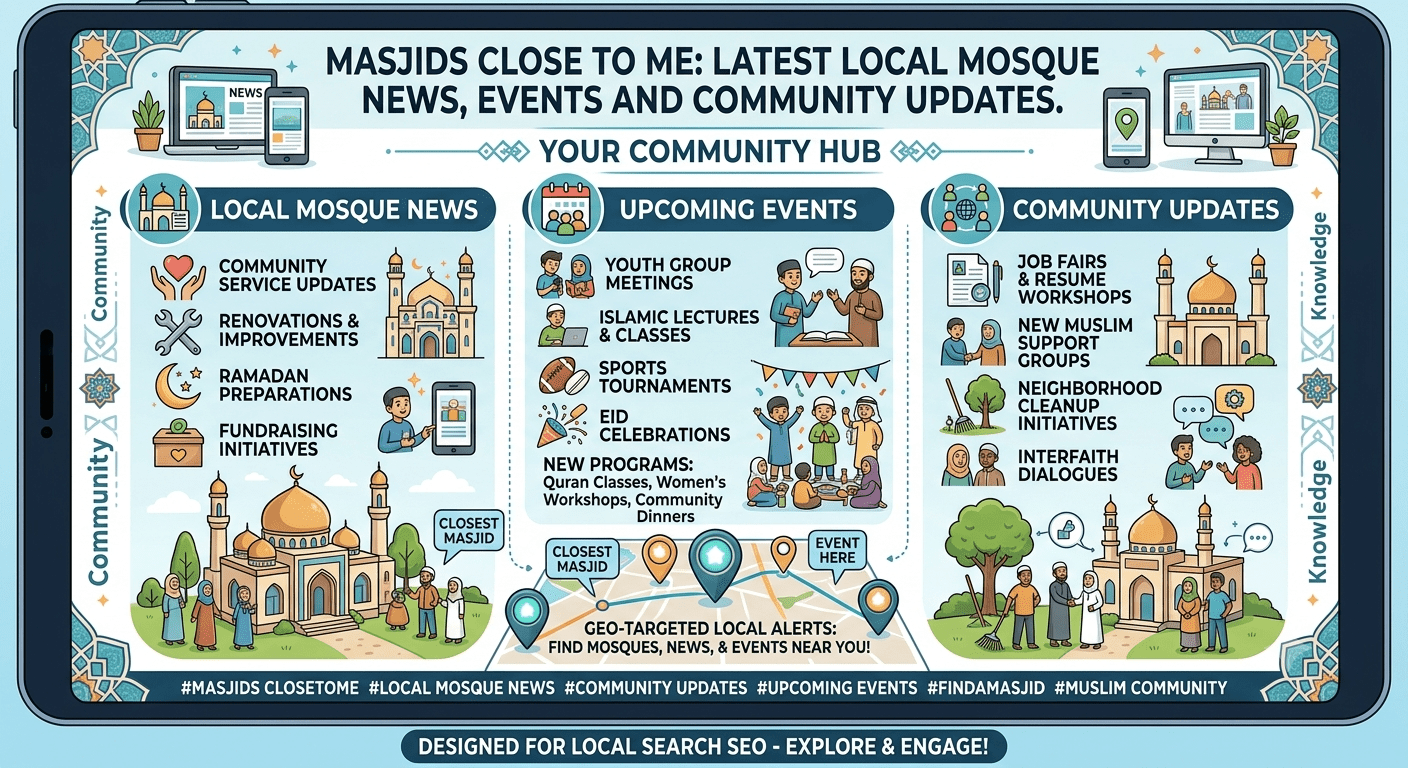 Local mosque community event with prayer services and neighborhood updates
