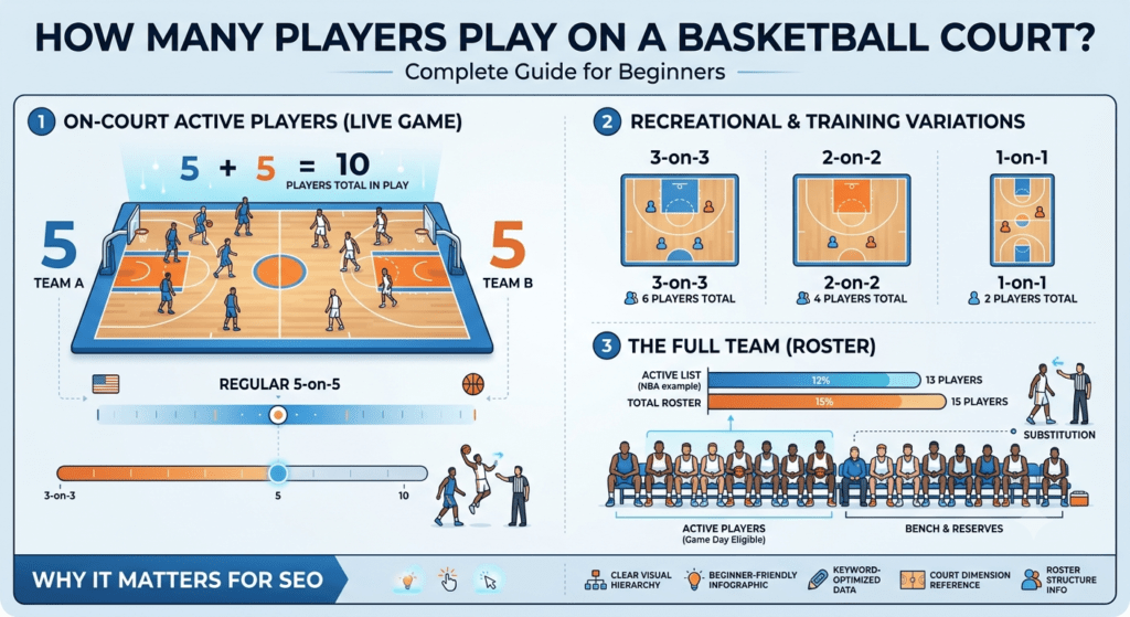 Basketball court positions and five players on each team