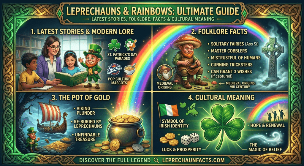 Leprechaun standing near a rainbow with a pot of gold from Irish folklore