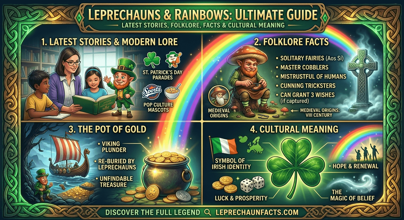 Leprechaun standing near a rainbow with a pot of gold from Irish folklore