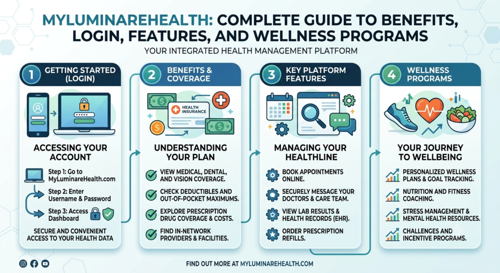 MyLuminareHealth digital health platform showing wellness programs, healthcare resources, and employee benefits management tools