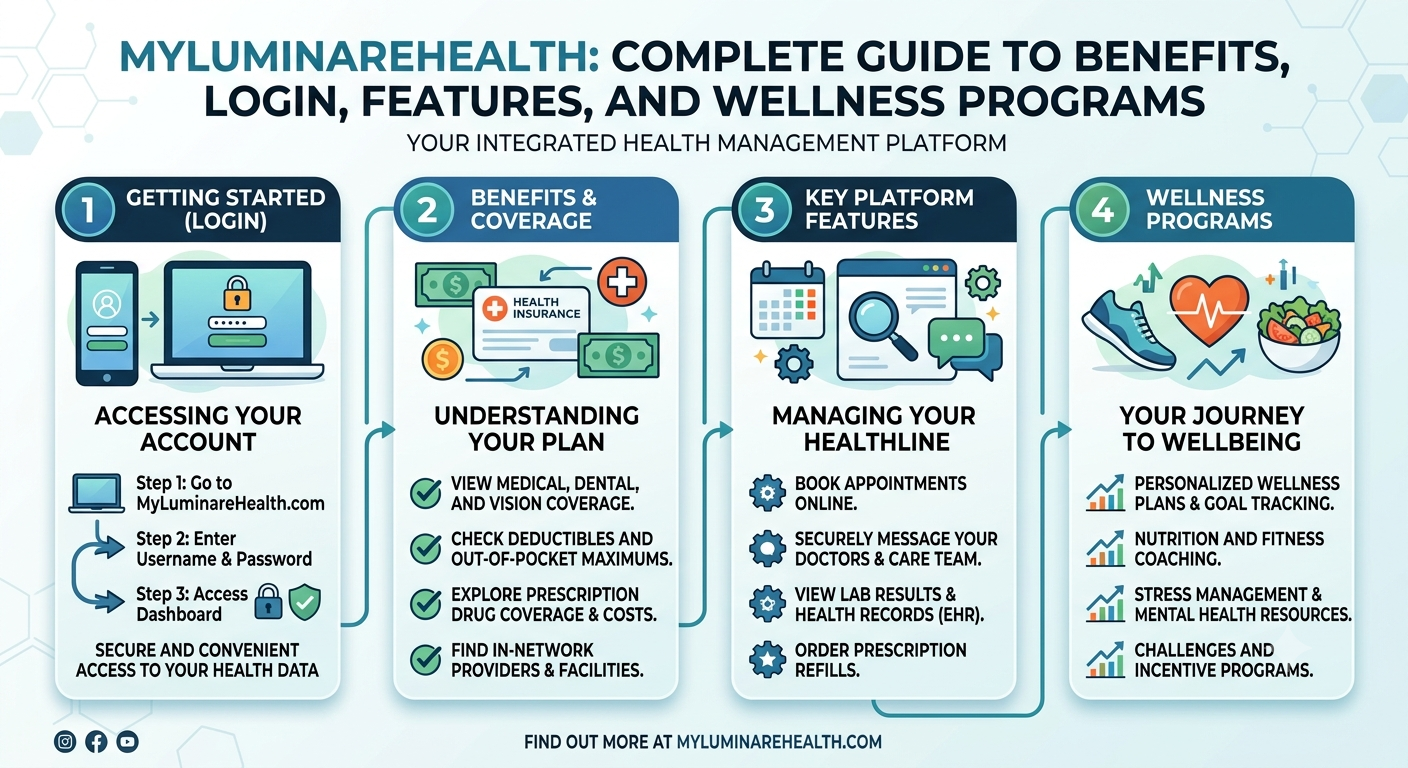 MyLuminareHealth digital health platform showing wellness programs, healthcare resources, and employee benefits management tools