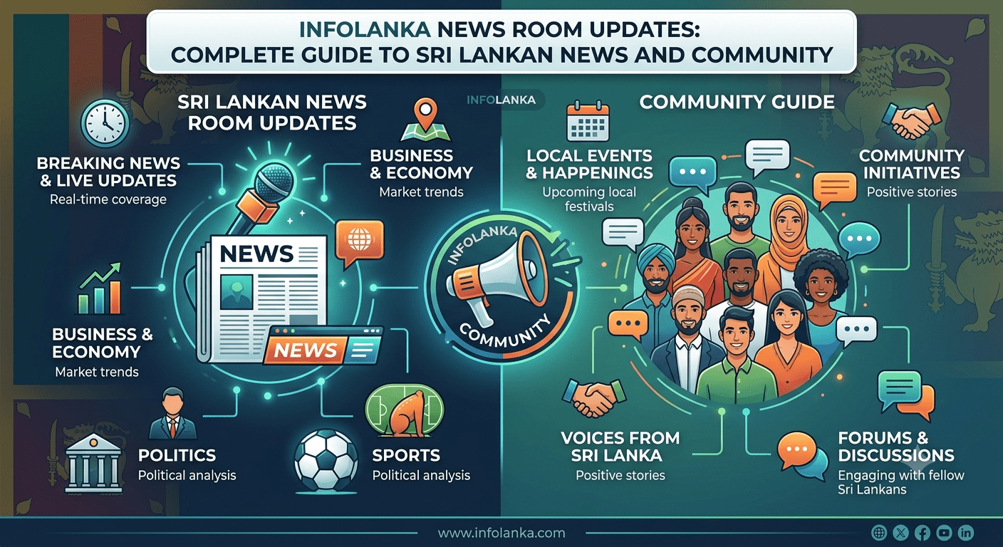 InfoLanka News Room updates displaying the latest Sri Lankan news, community announcements, and current affairs on a digital news platform.