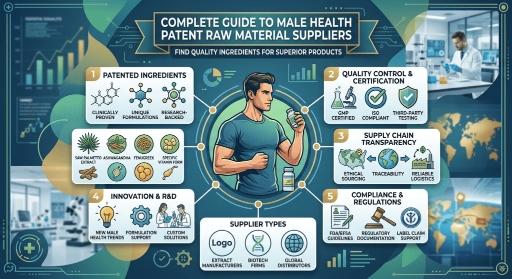 Male health patent raw material supplier reviewing patented wellness ingredients and quality-tested supplement materials in a laboratory