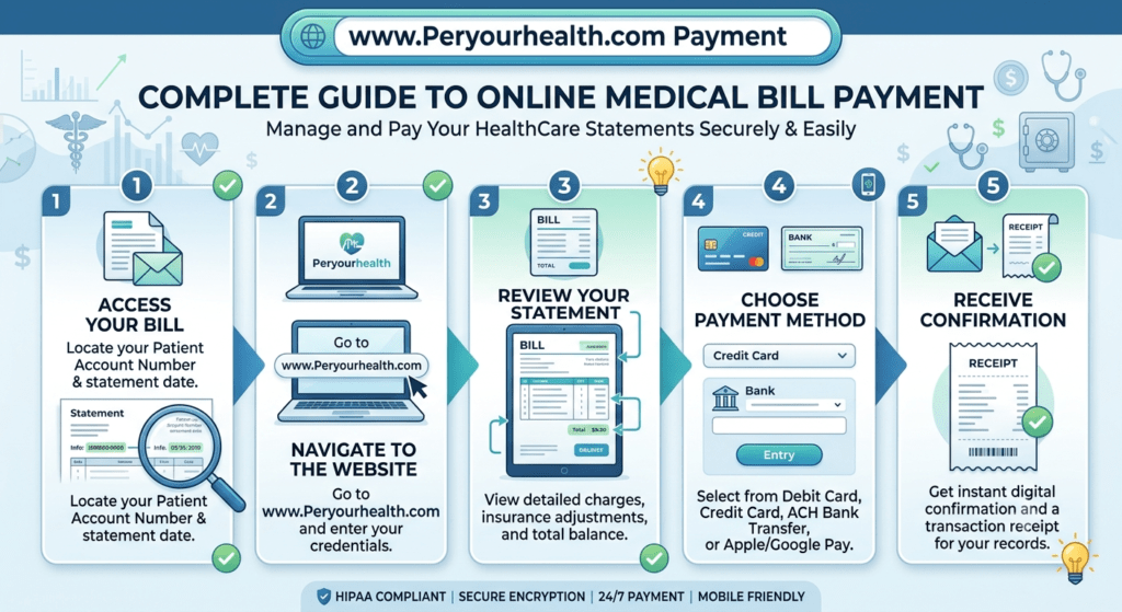 Online medical bill payment portal showing secure healthcare account access and digital payment services