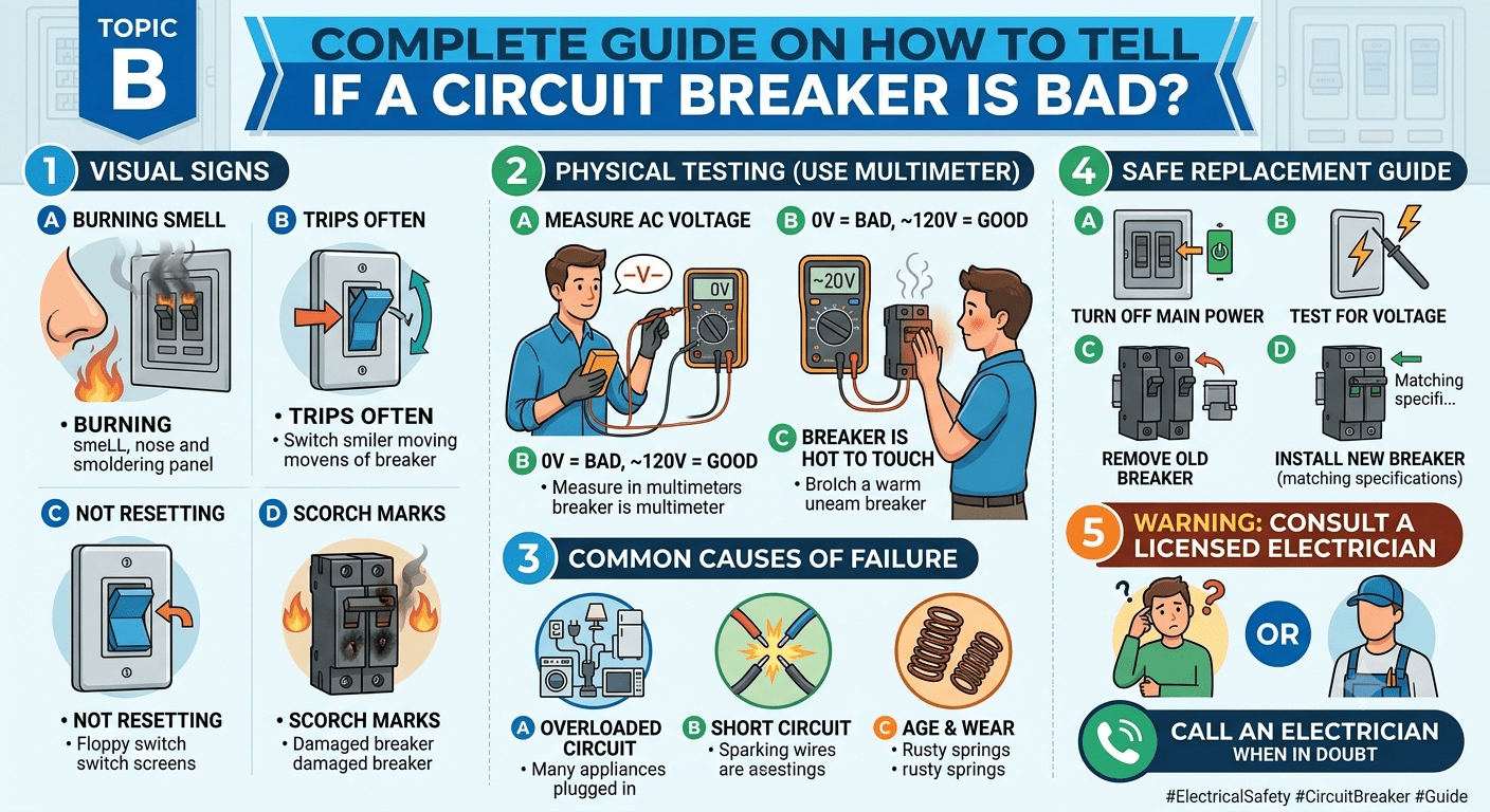 How to tell if a circuit breaker is bad using electrical panel inspection and voltage tester