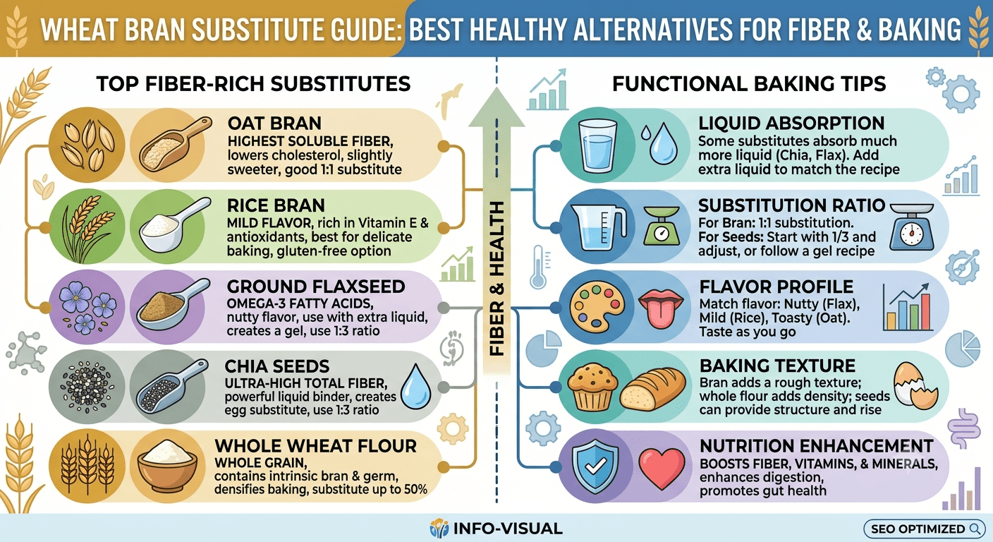 Healthy wheat bran substitute ingredients including oat bran, flaxseed, chia seeds, and psyllium husk