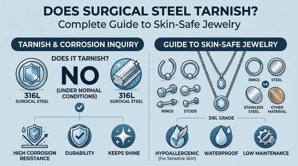 Surgical steel jewelry showing resistance to tarnish and proper cleaning care