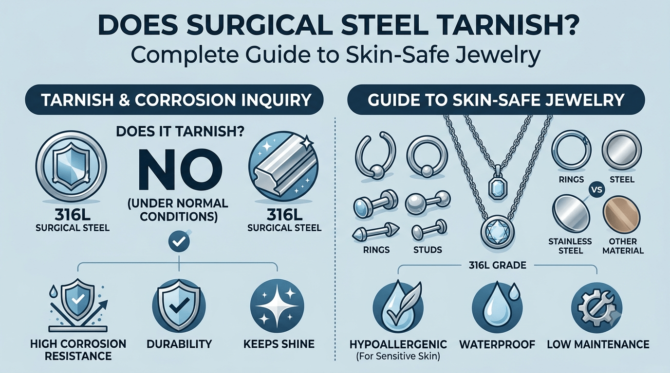 Surgical steel jewelry showing resistance to tarnish and proper cleaning care
