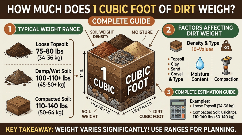 One cubic foot of dirt weight comparison showing soil types and measurements
