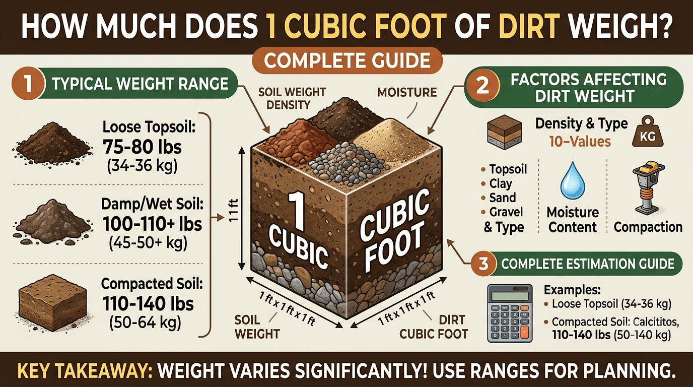 One cubic foot of dirt weight comparison showing soil types and measurements
