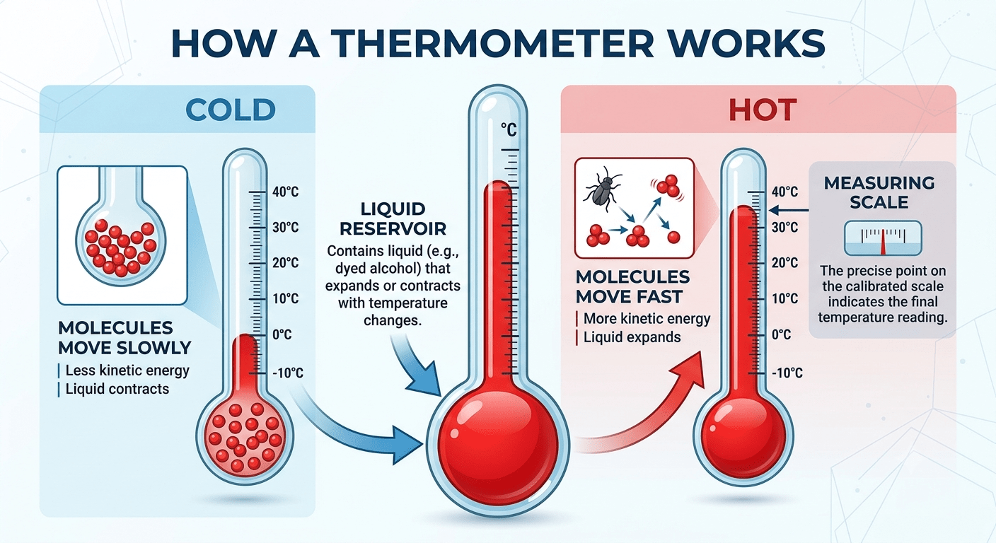 Diagram explaining how a thermometer works with different types of thermometers and temperature measurement methods.