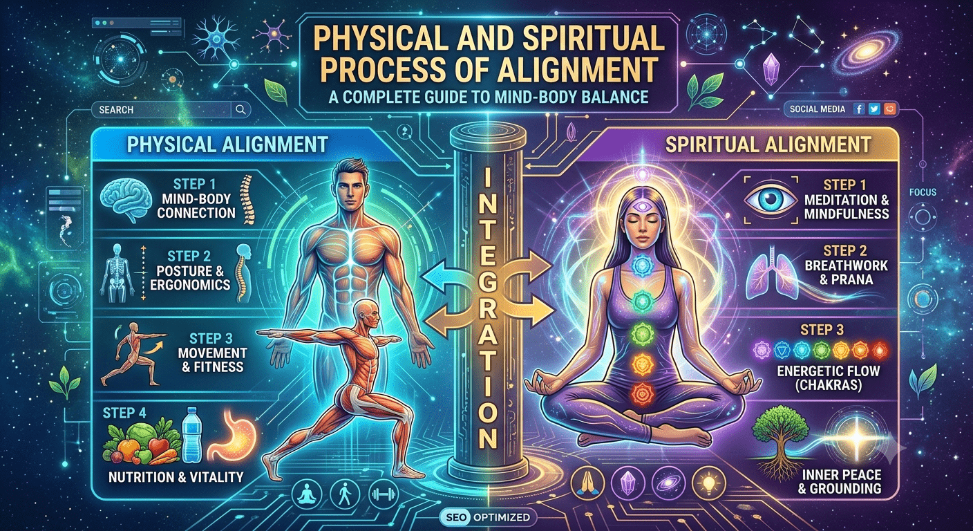 Physical and spiritual process of alignment showing mind body wellness and inner balance