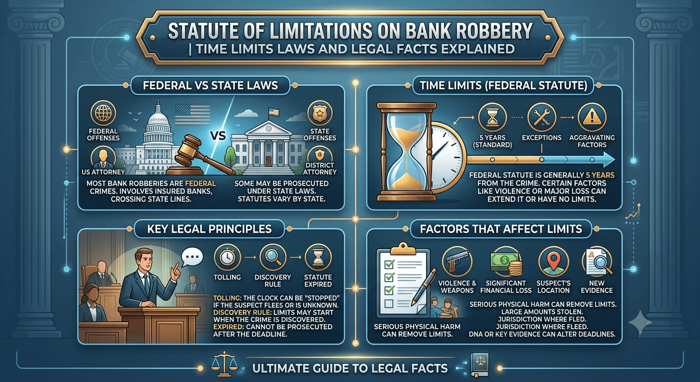Statute of limitations on bank robbery legal timeline with courthouse and bank investigation symbols